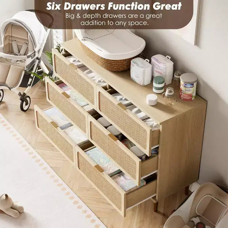 Rattan 6 Drawer Dresser for Bedroom, Large Double Dresser, Wooden Chest of Drawers for Closet with Wide Top, for Living Room, Hallway