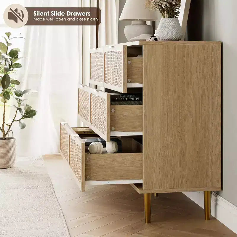 Rattan 6 Drawer Dresser for Bedroom, Large Double Dresser, Wooden Chest of Drawers for Closet with Wide Top, for Living Room, Hallway