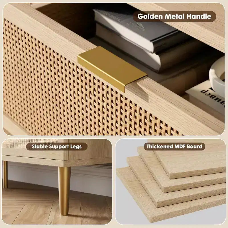 Rattan 6 Drawer Dresser for Bedroom, Large Double Dresser, Wooden Chest of Drawers for Closet with Wide Top, for Living Room, Hallway