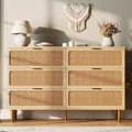 Rattan 6 Drawer Dresser for Bedroom, Large Double Dresser, Wooden Chest of Drawers for Closet with Wide Top, for Living Room, Hallway