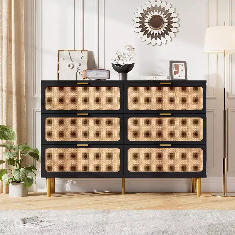 Rattan 6 Drawer Dresser for Bedroom, Large Double Dresser, Wooden Chest of Drawers for Closet with Wide Top, for Living Room, Hallway