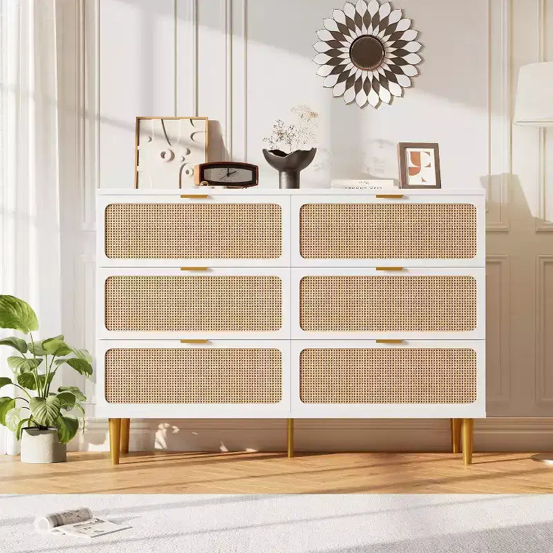 Rattan 6 Drawer Dresser for Bedroom, Large Double Dresser, Wooden Chest of Drawers for Closet with Wide Top, for Living Room, Hallway