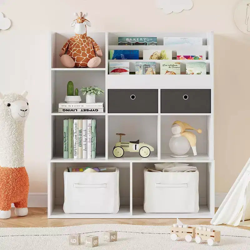 Bibliothèque pour enfants avec tiroirs Étagère moderne avec casiers Meuble de rangement au sol Coffre à jouets en bois pour salle de jeux