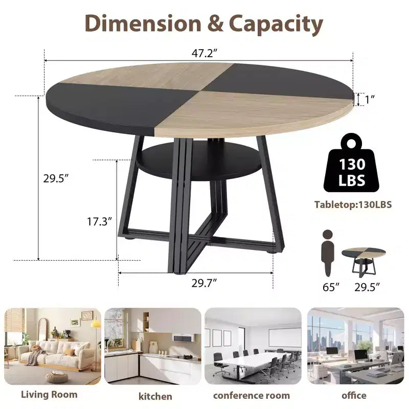 Round Dining Table for 4-6, 47 Kitchen Table with Storage Shelf, Wooden Dinner Table with Metal Base for Home Living Room, No Chairs