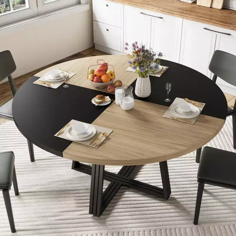 Round Dining Table for 4-6, 47 Kitchen Table with Storage Shelf, Wooden Dinner Table with Metal Base for Home Living Room, No Chairs