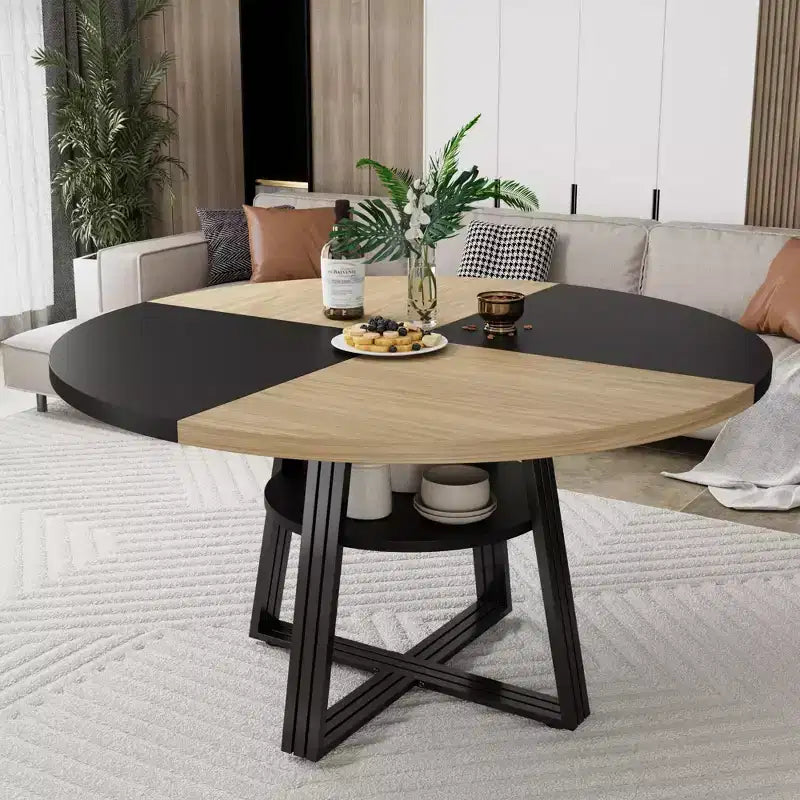 Round Dining Table for 4-6, 47 Kitchen Table with Storage Shelf, Wooden Dinner Table with Metal Base for Home Living Room, No Chairs