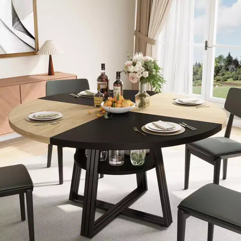 Round Dining Table for 4-6, 47 Kitchen Table with Storage Shelf, Wooden Dinner Table with Metal Base for Home Living Room, No Chairs