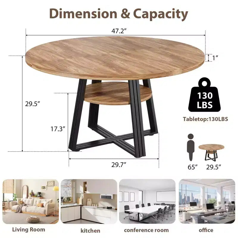 Round Dining Table for 4-6, 47 Kitchen Table with Storage Shelf, Wooden Dinner Table with Metal Base for Home Living Room, No Chairs