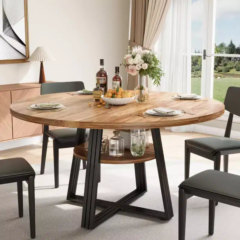 Round Dining Table for 4-6, 47 Kitchen Table with Storage Shelf, Wooden Dinner Table with Metal Base for Home Living Room, No Chairs
