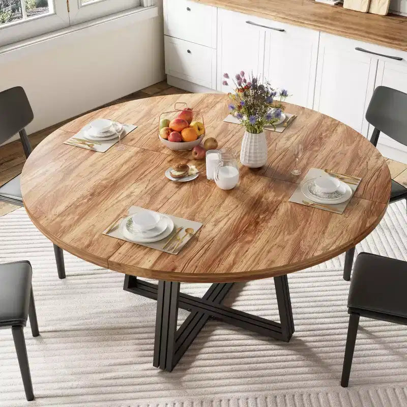Round Dining Table for 4-6, 47 Kitchen Table with Storage Shelf, Wooden Dinner Table with Metal Base for Home Living Room, No Chairs
