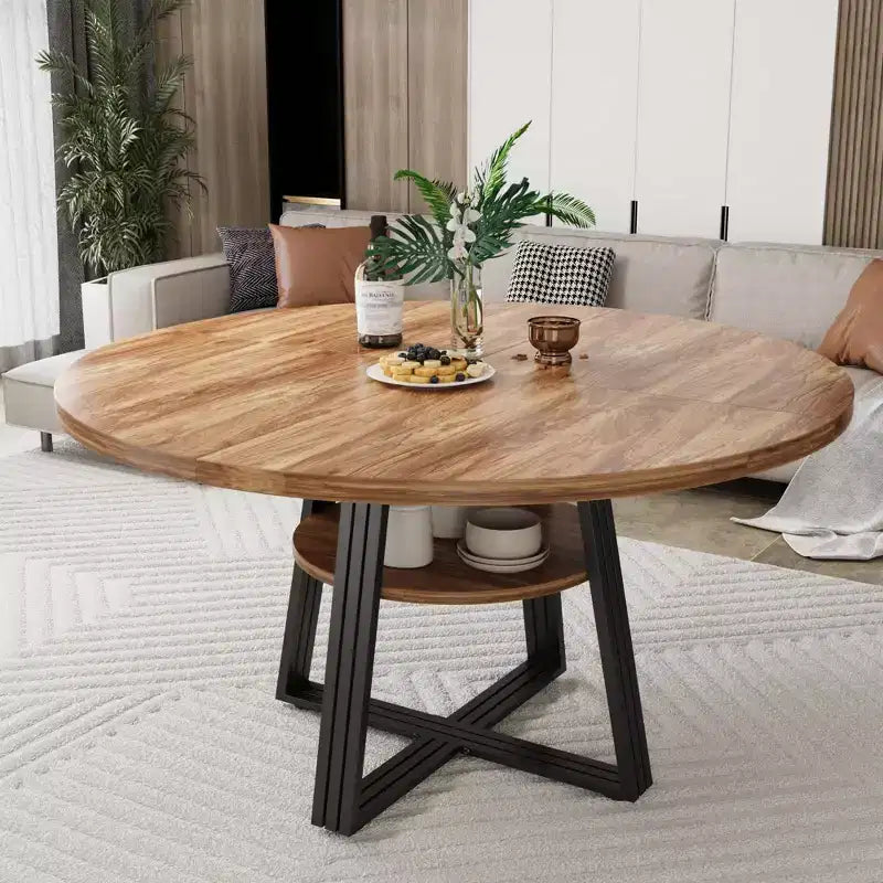Round Dining Table for 4-6, 47 Kitchen Table with Storage Shelf, Wooden Dinner Table with Metal Base for Home Living Room, No Chairs