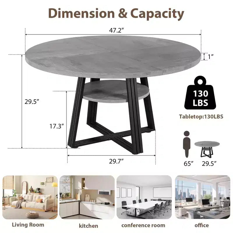 Round Dining Table for 4-6, 47 Kitchen Table with Storage Shelf, Wooden Dinner Table with Metal Base for Home Living Room, No Chairs