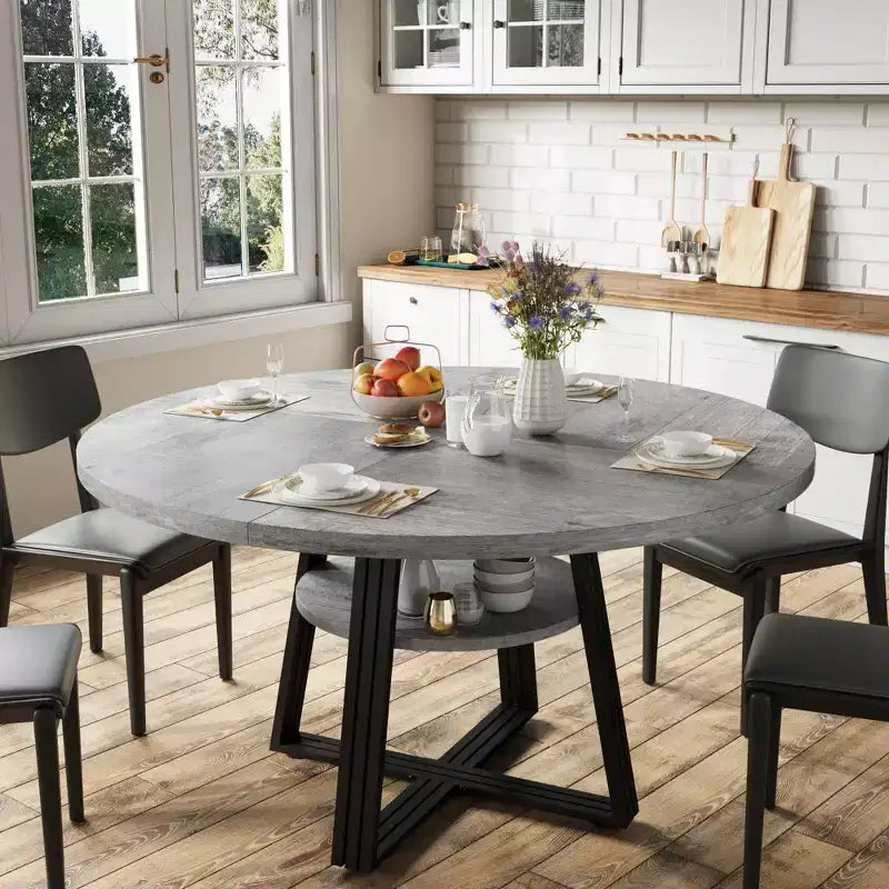 Round Dining Table for 4-6, 47 Kitchen Table with Storage Shelf, Wooden Dinner Table with Metal Base for Home Living Room, No Chairs