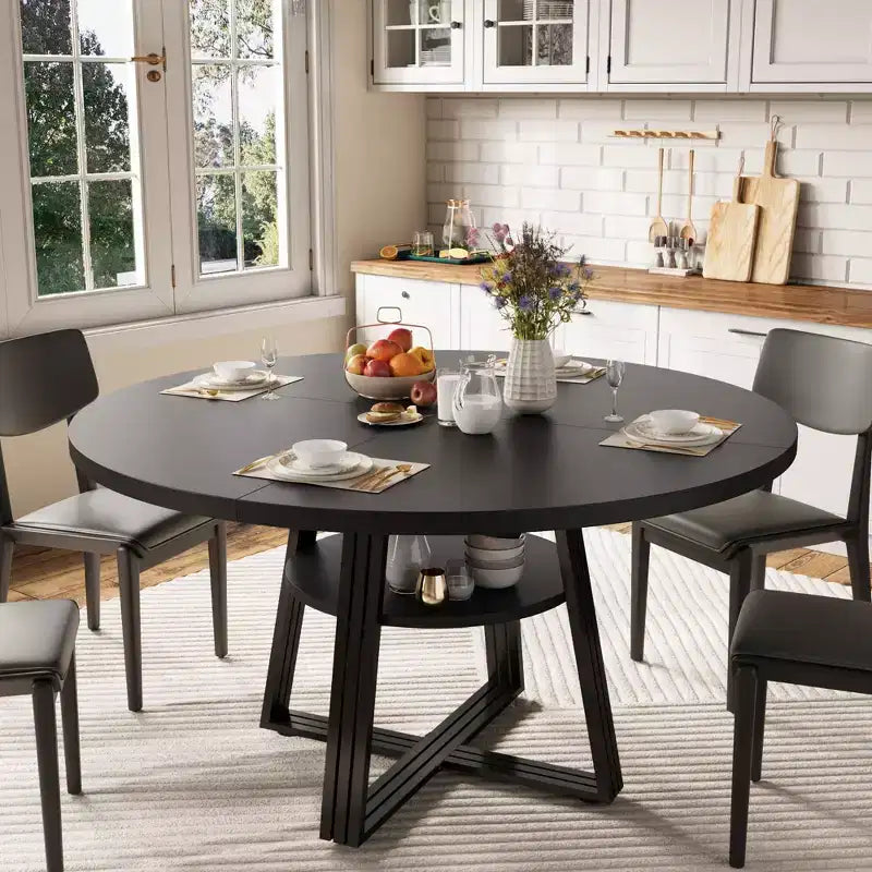 Round Dining Table for 4-6, 47 Kitchen Table with Storage Shelf, Wooden Dinner Table with Metal Base for Home Living Room, No Chairs