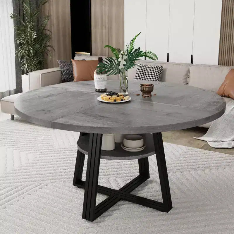 Round Dining Table for 4-6, 47 Kitchen Table with Storage Shelf, Wooden Dinner Table with Metal Base for Home Living Room, No Chairs