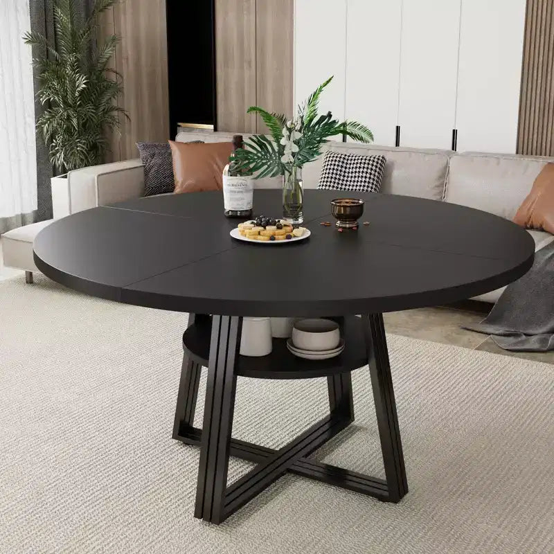 Round Dining Table for 4-6, 47 Kitchen Table with Storage Shelf, Wooden Dinner Table with Metal Base for Home Living Room, No Chairs