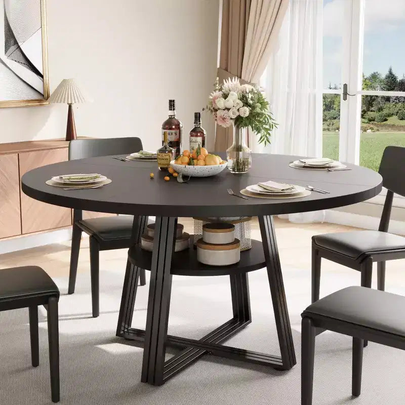 Round Dining Table for 4-6, 47 Kitchen Table with Storage Shelf, Wooden Dinner Table with Metal Base for Home Living Room, No Chairs