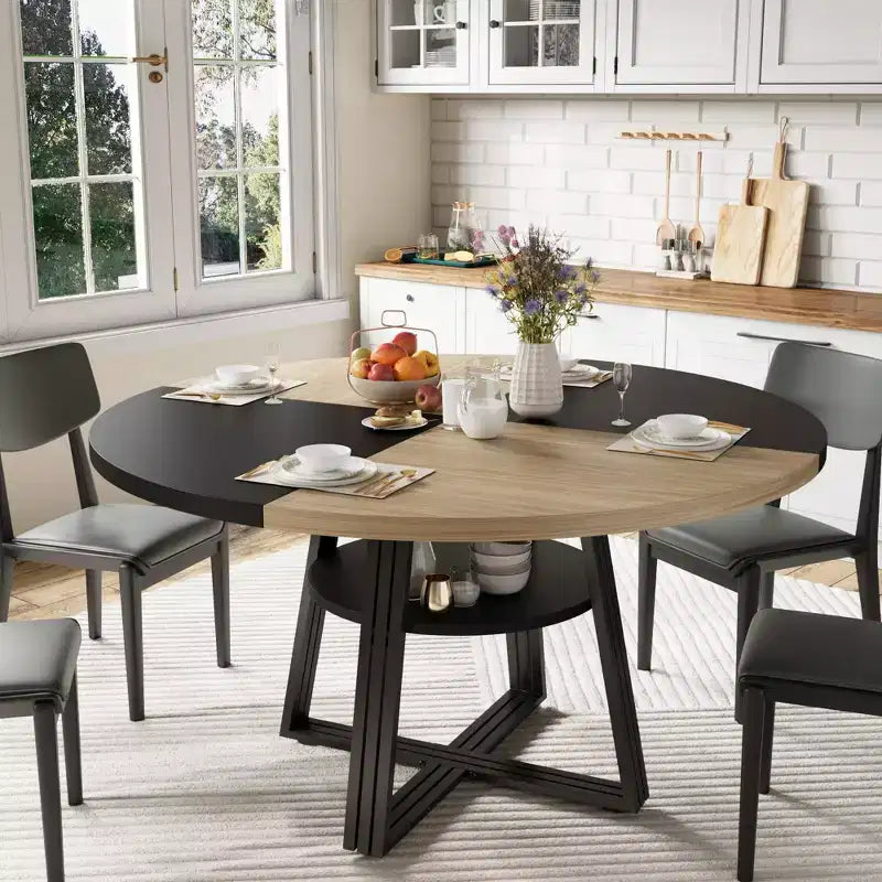 Round Dining Table for 4-6, 47 Kitchen Table with Storage Shelf, Wooden Dinner Table with Metal Base for Home Living Room, No Chairs