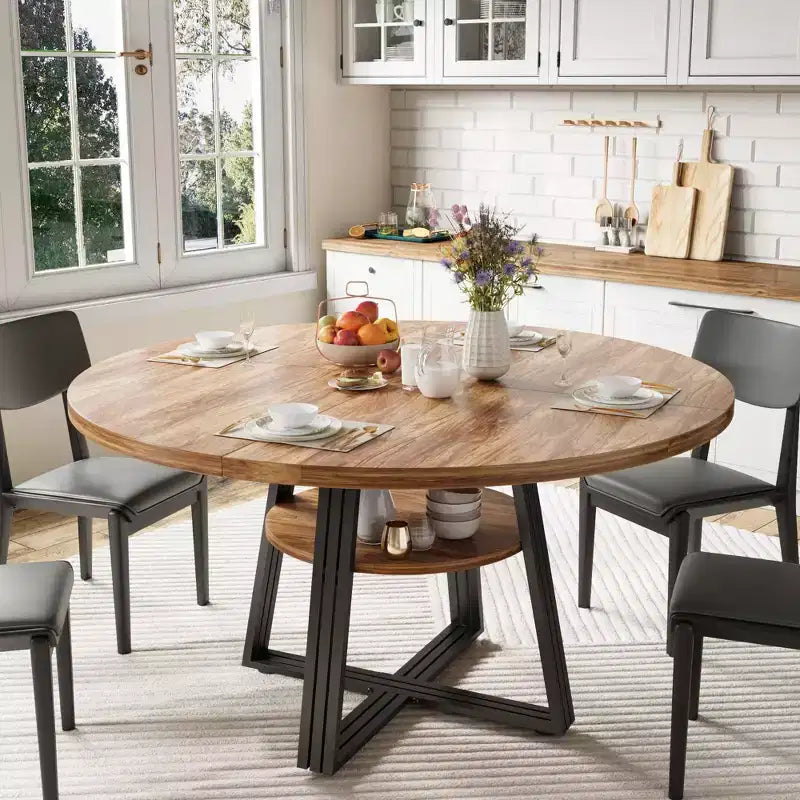 Round Dining Table for 4-6, 47 Kitchen Table with Storage Shelf, Wooden Dinner Table with Metal Base for Home Living Room, No Chairs