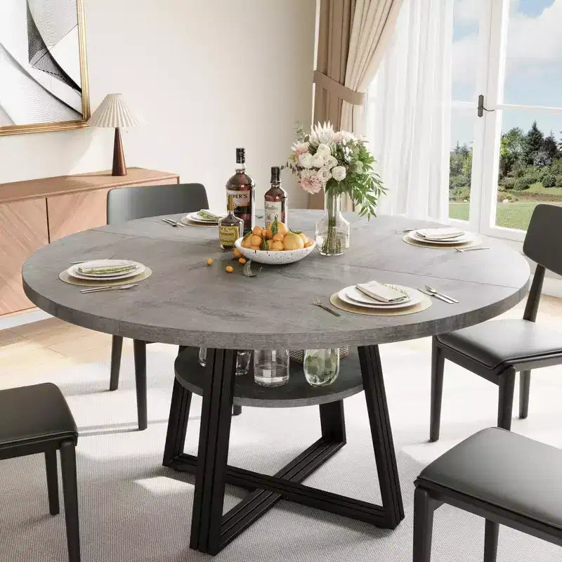 Round Dining Table for 4-6, 47 Kitchen Table with Storage Shelf, Wooden Dinner Table with Metal Base for Home Living Room, No Chairs