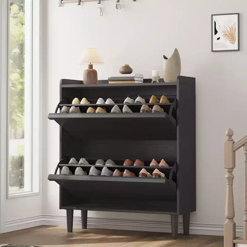 Shoe Cabinet with 2 Flip Drawers, Wooden Shoe Organizer Cabinet