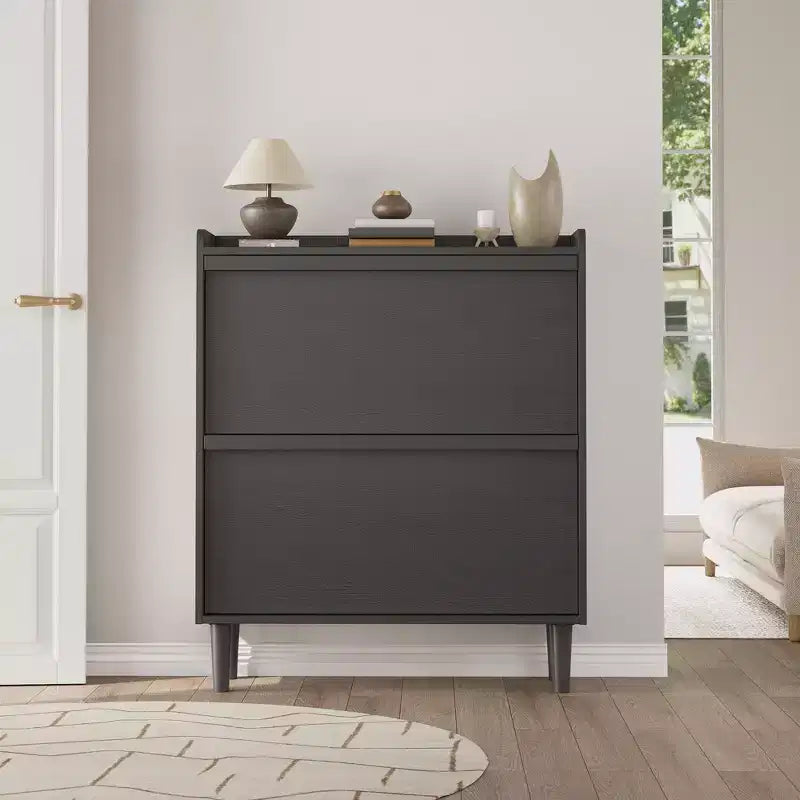 Shoe Cabinet with 2 Flip Drawers, Wooden Shoe Organizer Cabinet