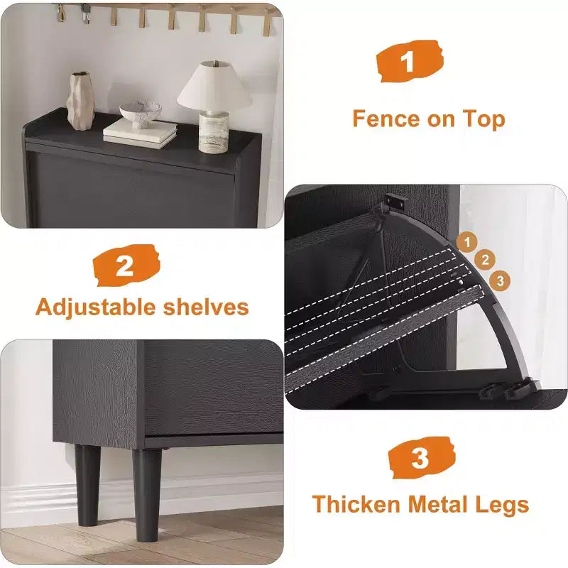 Shoe Cabinet with 2 Flip Drawers, Wooden Shoe Organizer Cabinet