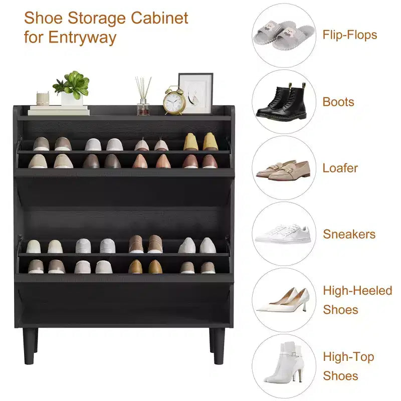 Shoe Cabinet with 2 Flip Drawers, Wooden Shoe Organizer Cabinet