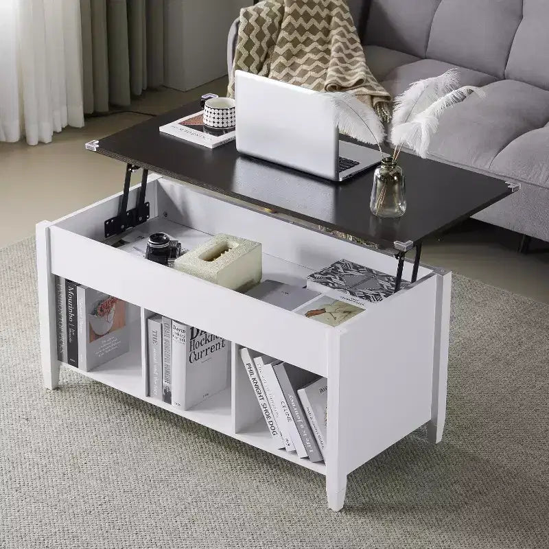 Summit Adventure White Lift-Top Coffee Table - Storage Shelf & Hidden Compartment - Pneumatic Lift Mechanism for Living Room