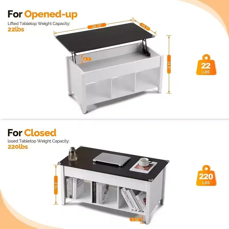 Summit Adventure White Lift-Top Coffee Table - Storage Shelf & Hidden Compartment - Pneumatic Lift Mechanism for Living Room