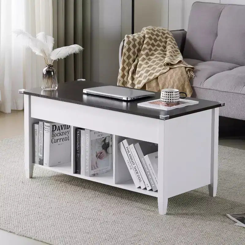 Summit Adventure White Lift-Top Coffee Table - Storage Shelf & Hidden Compartment - Pneumatic Lift Mechanism for Living Room