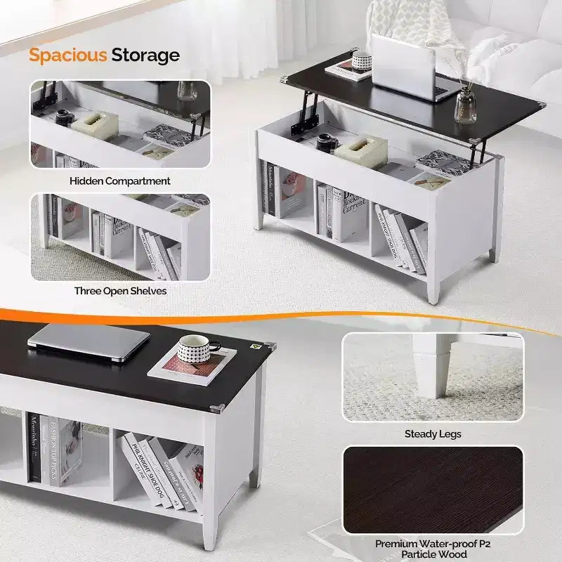 Summit Adventure White Lift-Top Coffee Table - Storage Shelf & Hidden Compartment - Pneumatic Lift Mechanism for Living Room