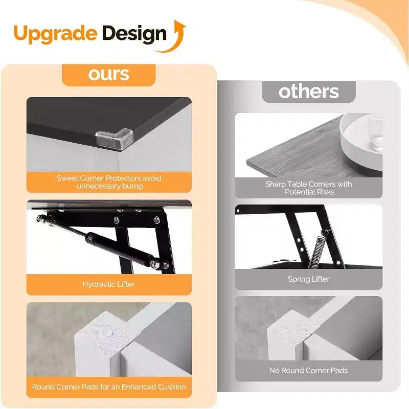 Summit Adventure White Lift-Top Coffee Table - Storage Shelf & Hidden Compartment - Pneumatic Lift Mechanism for Living Room