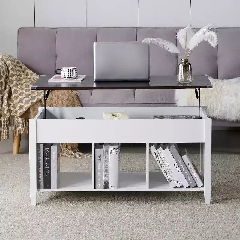 Summit Adventure White Lift-Top Coffee Table - Storage Shelf & Hidden Compartment - Pneumatic Lift Mechanism for Living Room