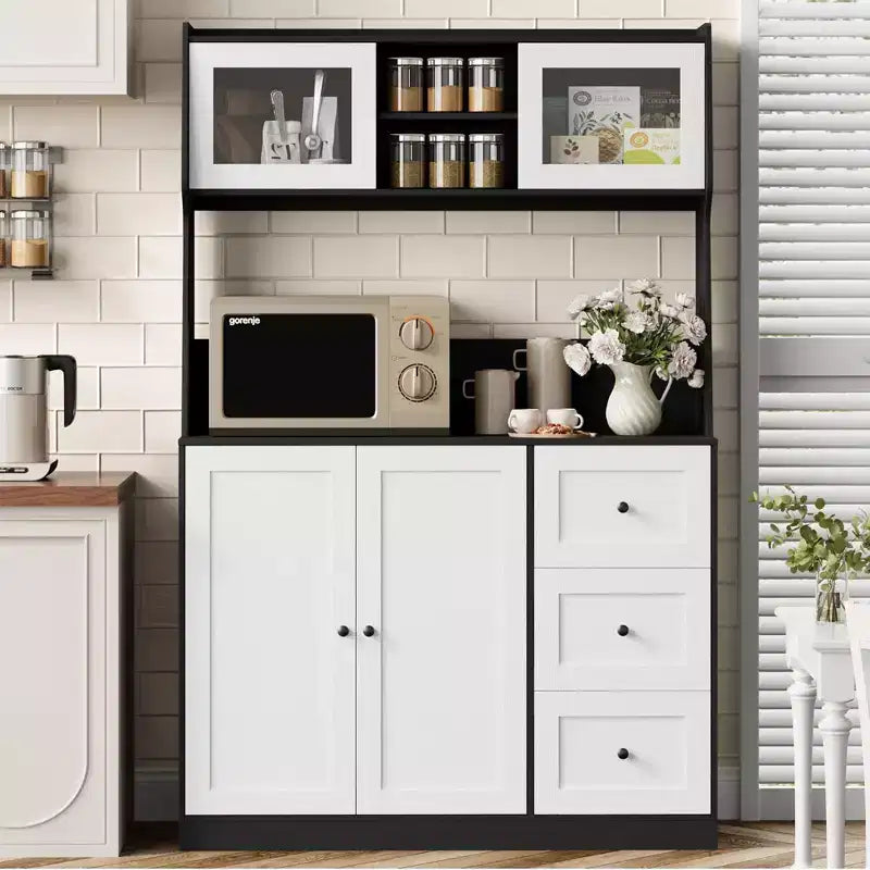 GustoWave Kitchen Pantry Cabinet, Buffet Cabinet with Countertop for Microwave Stand, Tall Sideboard Storage Hutch Cabinets with LED, 3 Drawers