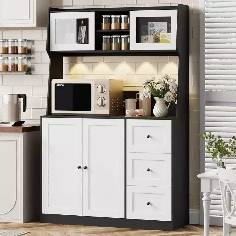 GustoWave Kitchen Pantry Cabinet, Buffet Cabinet with Countertop for Microwave Stand, Tall Sideboard Storage Hutch Cabinets with LED, 3 Drawers