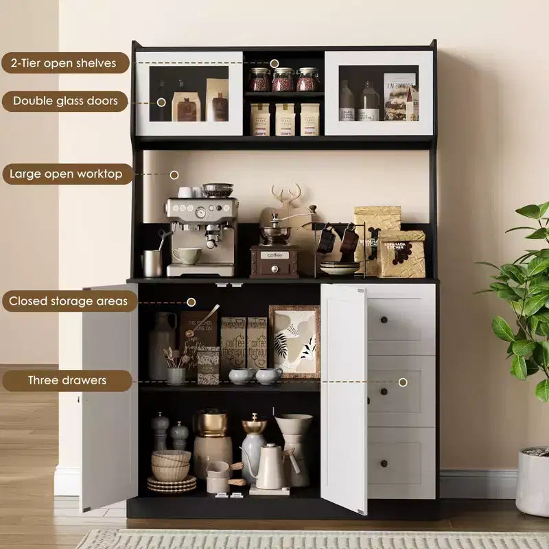 GustoWave Kitchen Pantry Cabinet, Buffet Cabinet with Countertop for Microwave Stand, Tall Sideboard Storage Hutch Cabinets with LED, 3 Drawers