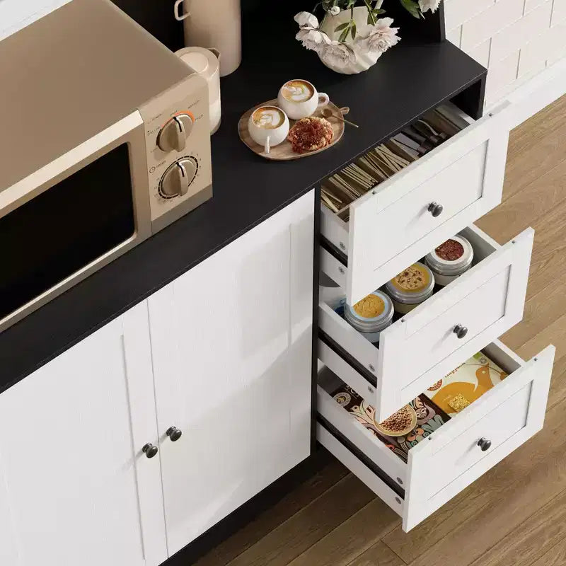 GustoWave Kitchen Pantry Cabinet, Buffet Cabinet with Countertop for Microwave Stand, Tall Sideboard Storage Hutch Cabinets with LED, 3 Drawers