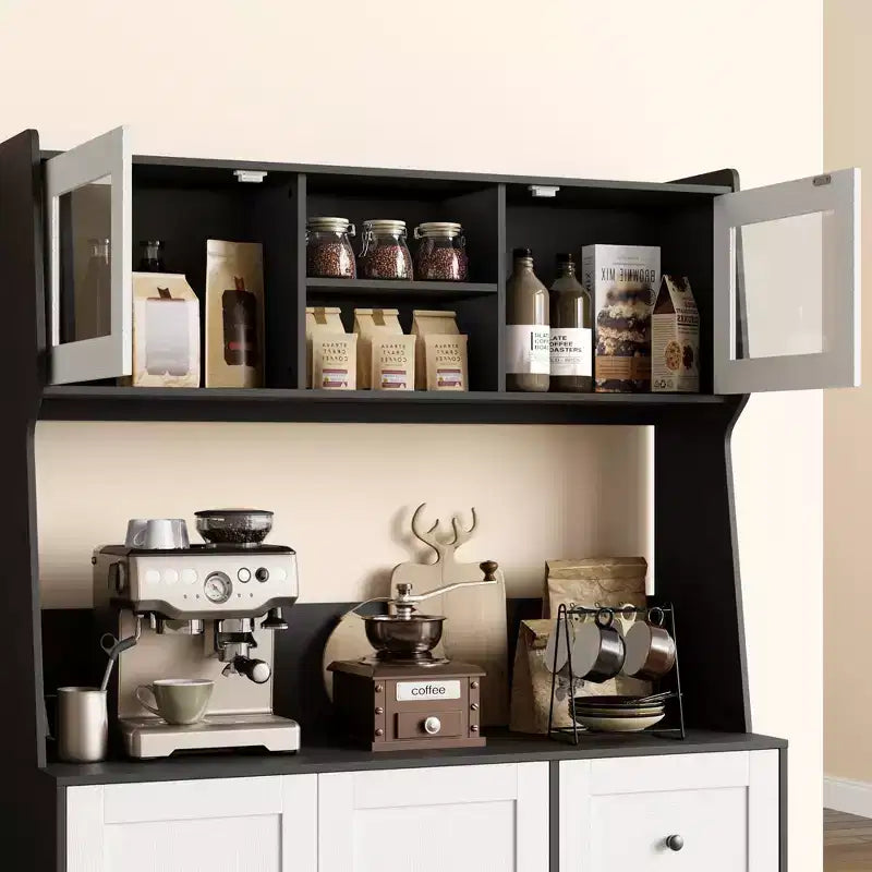GustoWave Kitchen Pantry Cabinet, Buffet Cabinet with Countertop for Microwave Stand, Tall Sideboard Storage Hutch Cabinets with LED, 3 Drawers