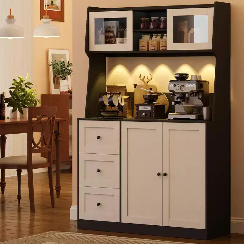 GustoWave Kitchen Pantry Cabinet, Buffet Cabinet with Countertop for Microwave Stand, Tall Sideboard Storage Hutch Cabinets with LED, 3 Drawers