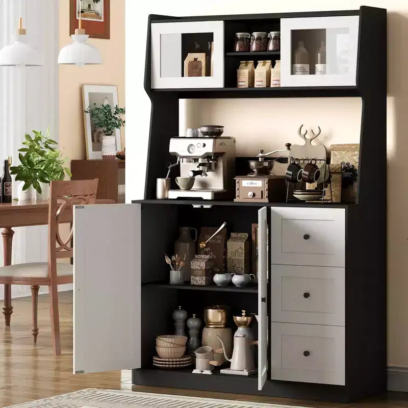 GustoWave Kitchen Pantry Cabinet, Buffet Cabinet with Countertop for Microwave Stand, Tall Sideboard Storage Hutch Cabinets with LED, 3 Drawers