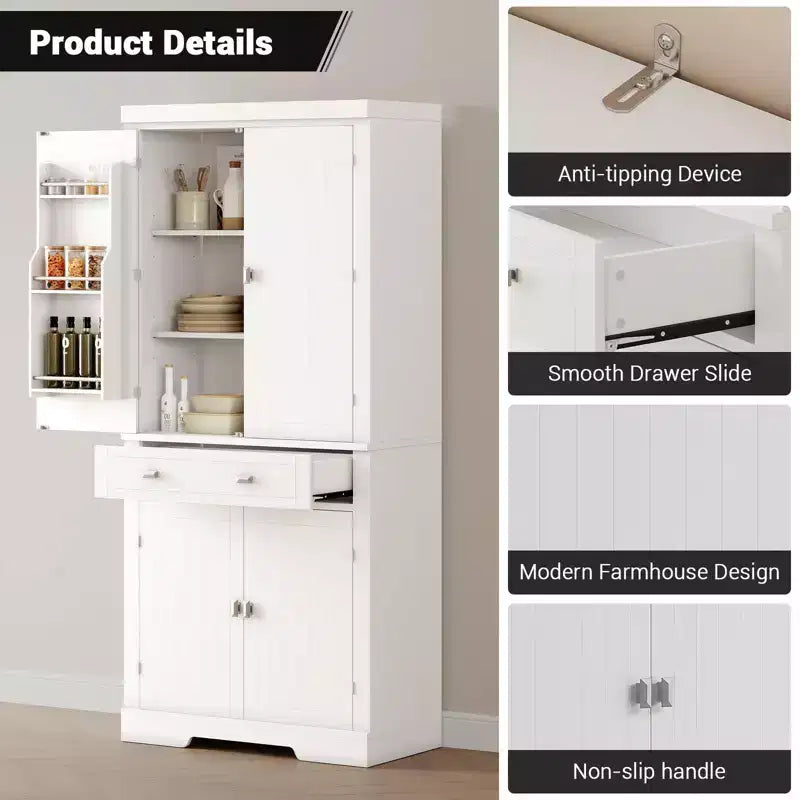 Kitchen Pantry Cabinet, Farmhouse Storage Cabinet with Drawer, Door Shelves & Adjustable Shelves, Freestanding Wooden Cupboard Buffet