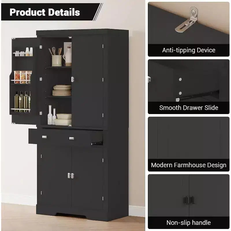 Kitchen Pantry Cabinet, Farmhouse Storage Cabinet with Drawer, Door Shelves & Adjustable Shelves, Freestanding Wooden Cupboard Buffet