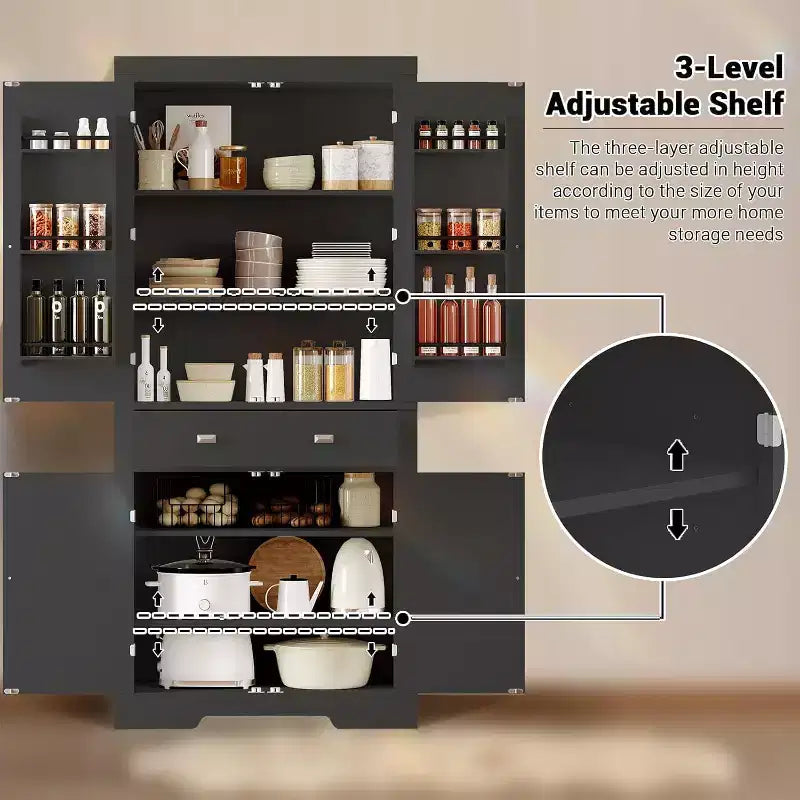 Kitchen Pantry Cabinet, Farmhouse Storage Cabinet with Drawer, Door Shelves & Adjustable Shelves, Freestanding Wooden Cupboard Buffet