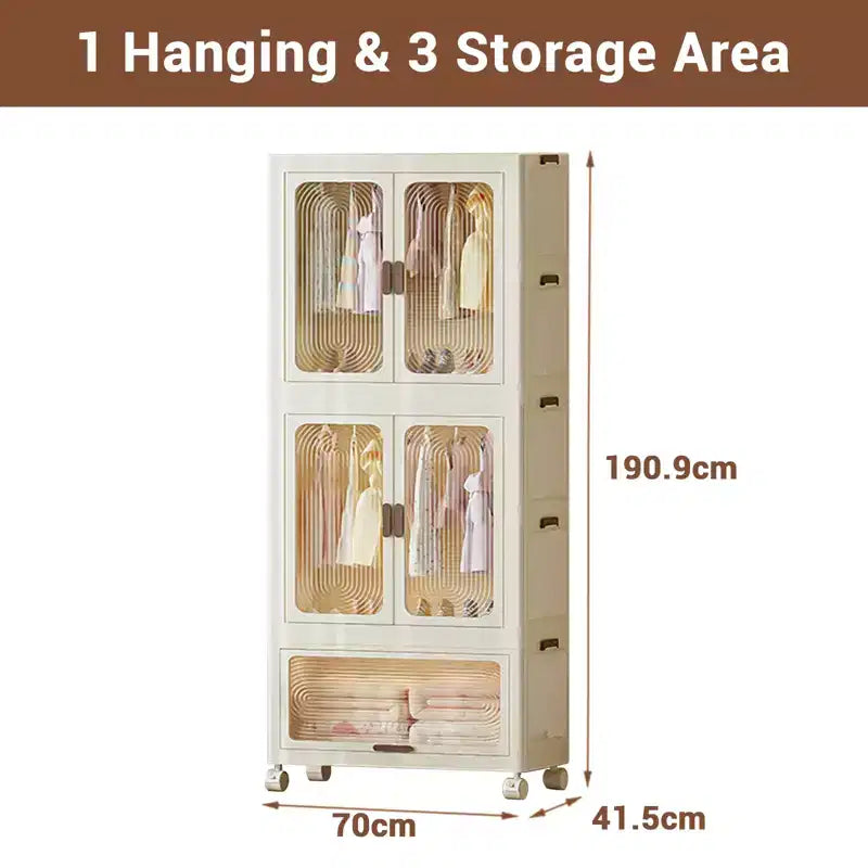 Portable Kids Wardrobe Closet with Doors, Plastic Baby Wardrobe Storage Cabinet with Hanging Rod Children's Clothes Closet Costume Storage Organizer