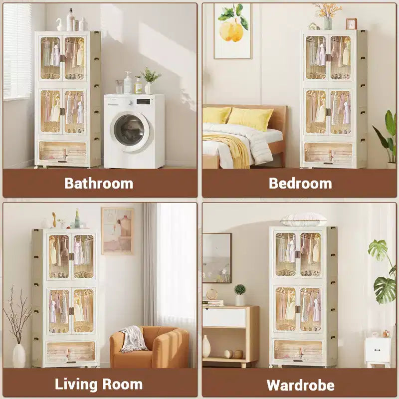 Portable Kids Wardrobe Closet with Doors, Plastic Baby Wardrobe Storage Cabinet with Hanging Rod Children's Clothes Closet Costume Storage Organizer