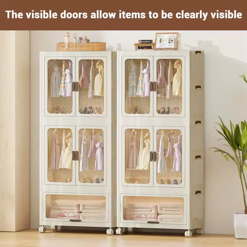 Portable Kids Wardrobe Closet with Doors, Plastic Baby Wardrobe Storage Cabinet with Hanging Rod Children's Clothes Closet Costume Storage Organizer