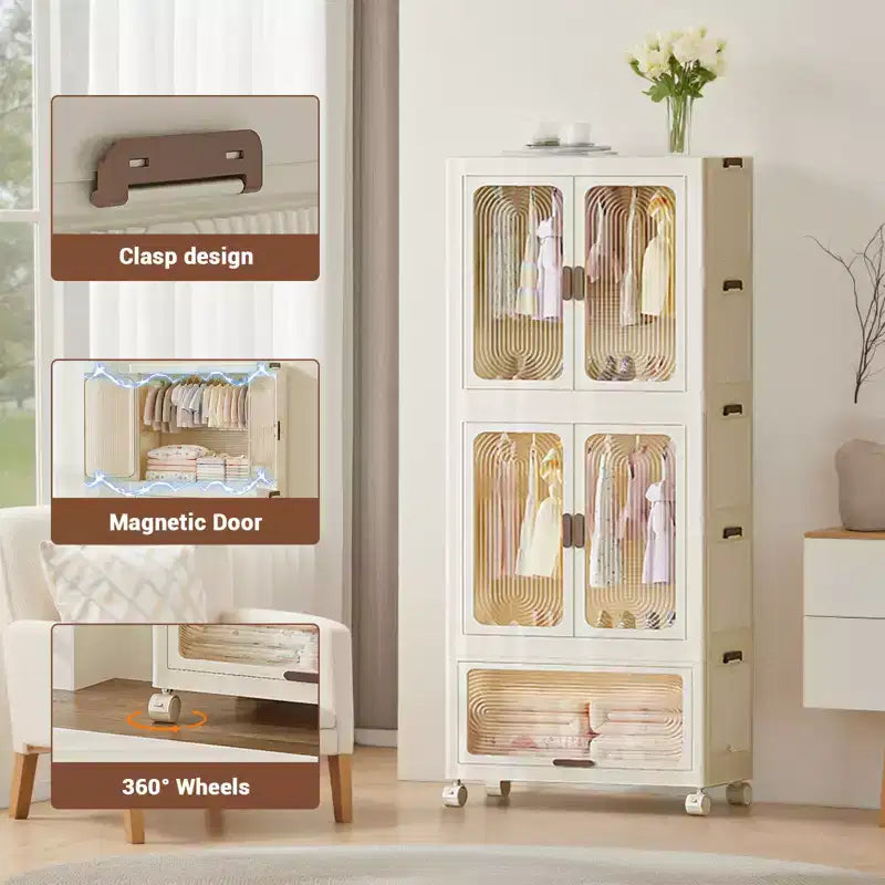 Portable Kids Wardrobe Closet with Doors, Plastic Baby Wardrobe Storage Cabinet with Hanging Rod Children's Clothes Closet Costume Storage Organizer