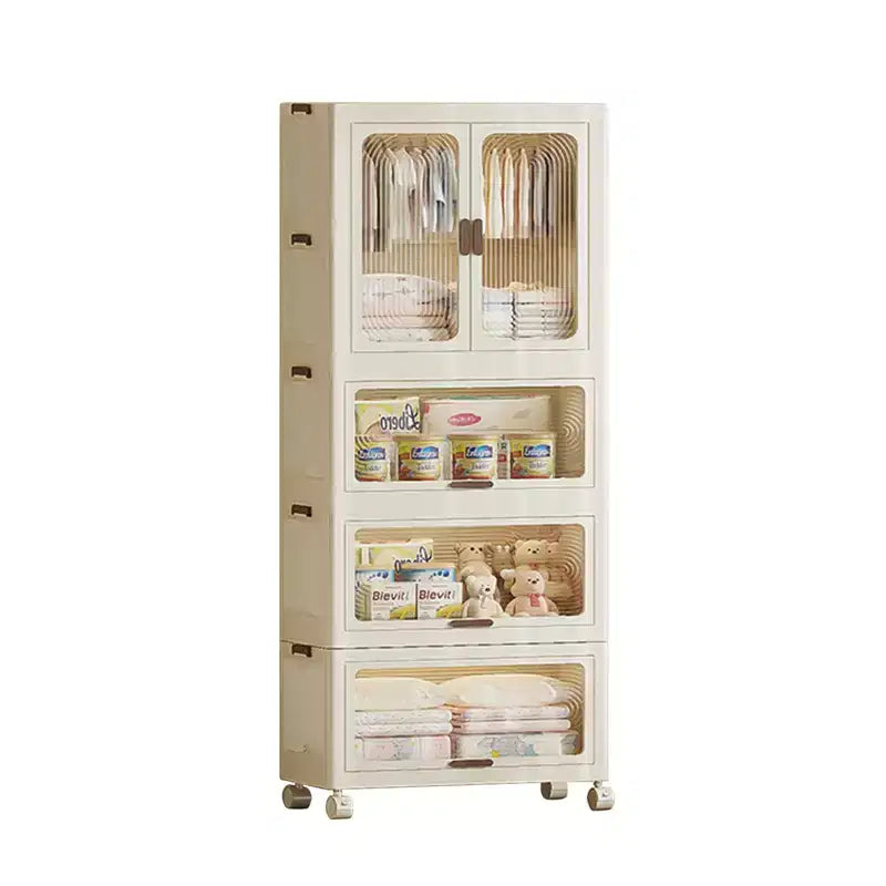 Stackable Closet Storage Bins, Collapsible Clothes Organizers, Portable Wardrobe Closet w/Lids and Doors, Movable Clothes Storage with Coat Hangers