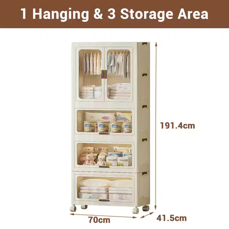 Stackable Closet Storage Bins, Collapsible Clothes Organizers, Portable Wardrobe Closet w/Lids and Doors, Movable Clothes Storage with Coat Hangers
